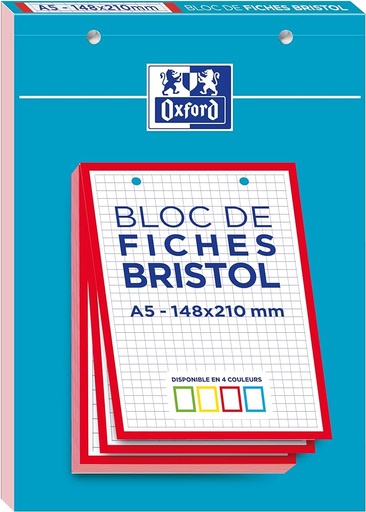 Bloc de Fiches Bristol Oxford  2.0 A5 Petits Carreaux 5mm 30 Fiches Collées Bords Rouges